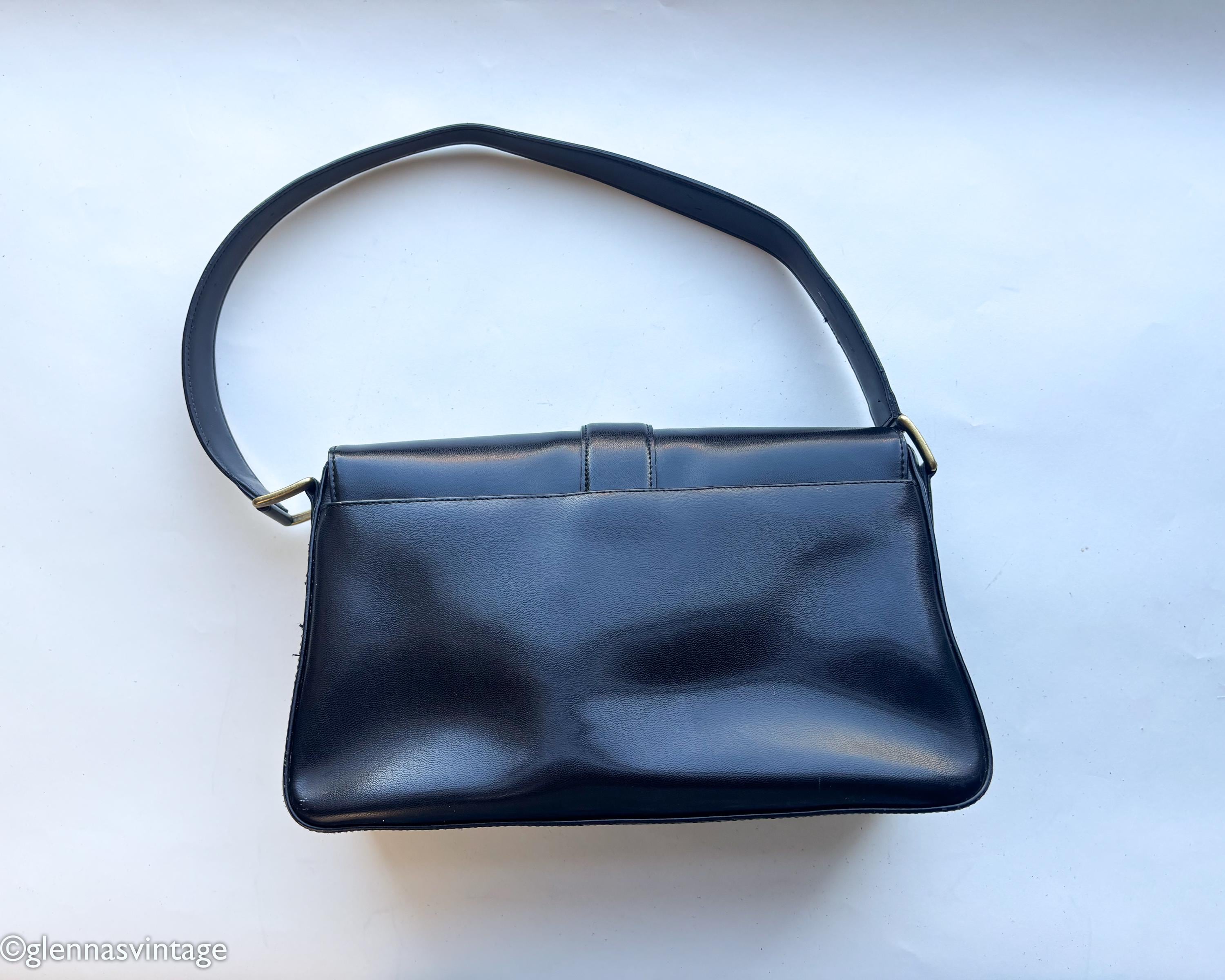 1990s DKNY Black Leather Shoulder Bag | Vintage Black Leather Bag 