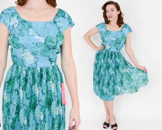 1950s Blue Silk Chiffon Floral Dress | 50s Turquoi
