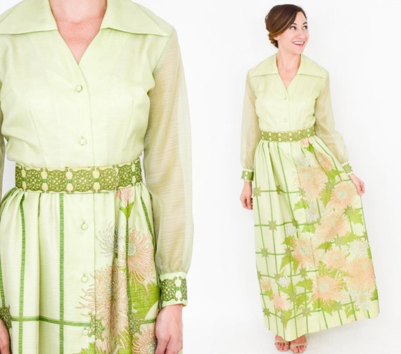 Alfred Shaheen | 1970s Lime Green Maxi Dress 70s … - image 5