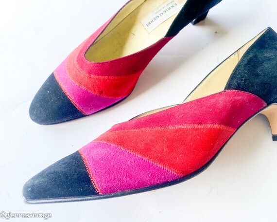 1980s Red Suede Colorful Pumps | 80s Hot Pink & R… - image 2