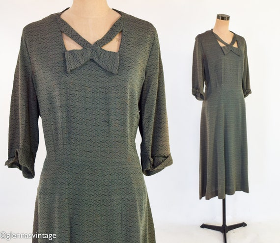1940s Olive Green Crepe Dress | Sanford Originals, Bow Bodice Detail - Etsy