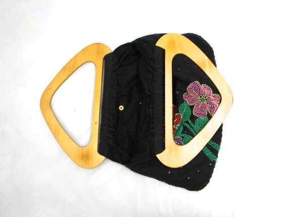 1970s Black Beaded Purse | 70s Black Floral Handb… - image 3