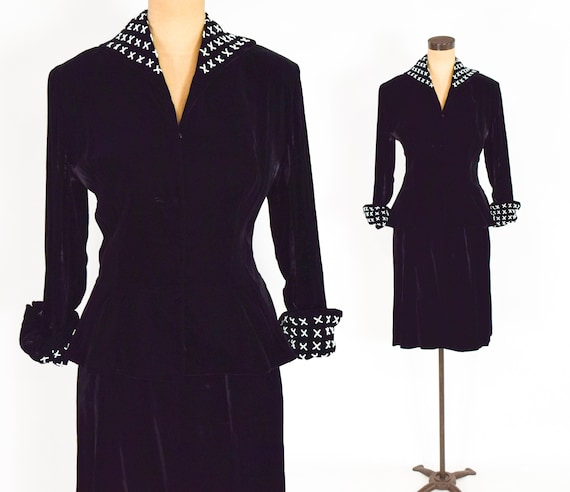 1940s Black Silk Velvet Suit | 40s Black Velvet Sk