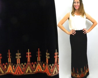 1970s Black Maxi Skirt | 70s Black Velvet Long Maxi Skirt | Hippie | Medium