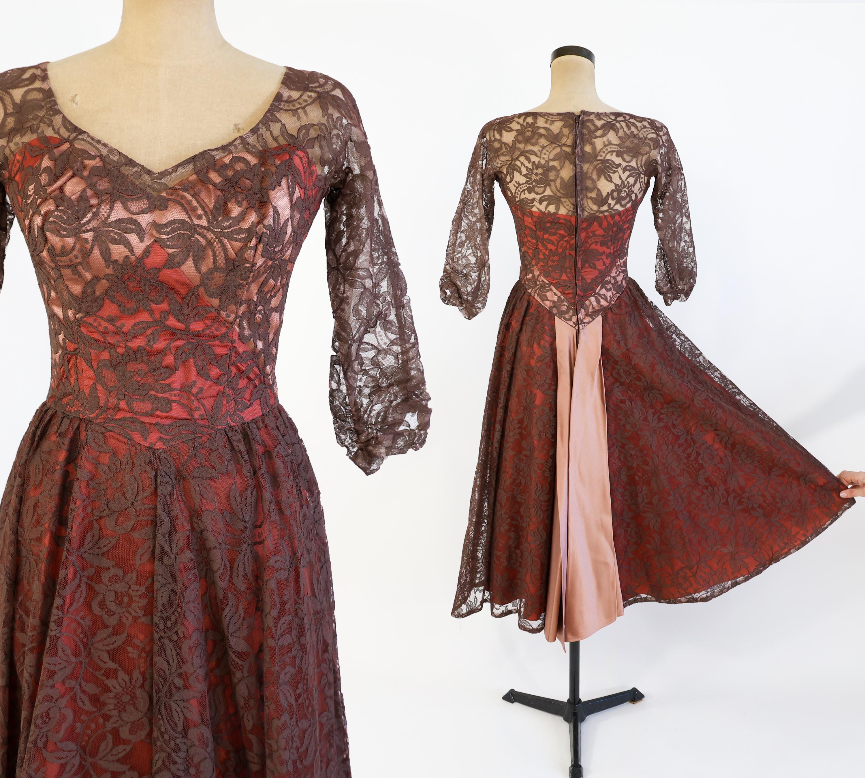 1950s Brown Lace Cocktail Dress