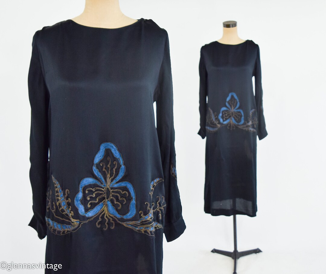 1920s Art Deco Black Silk Dress | Vintage Black Embroidered Drop Waist ...