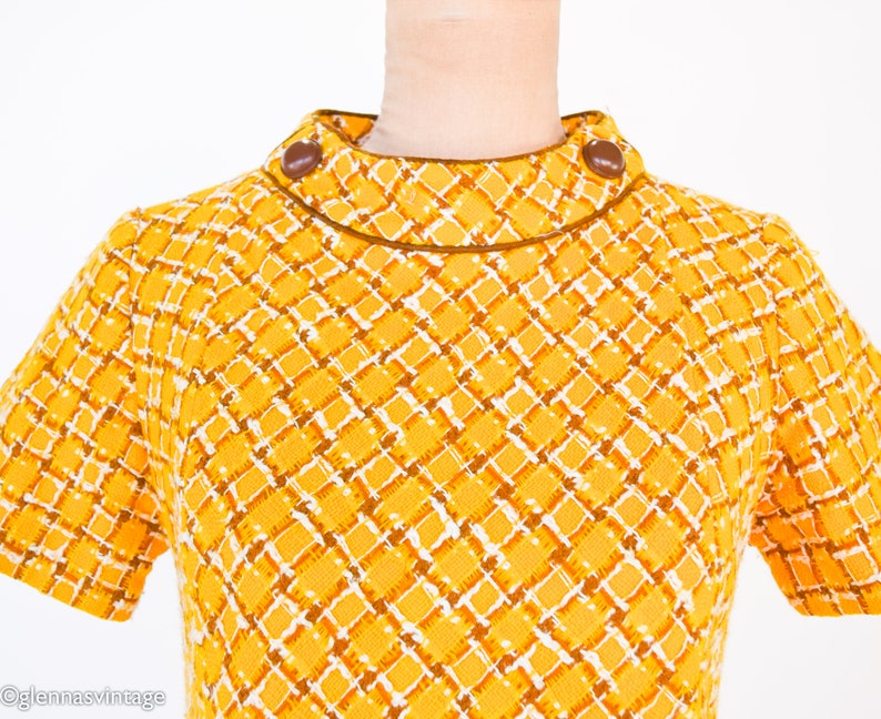 1960s Yellow Wool Plaid Dress 60s Gold Plaid Shift Dress Twiggy Style Medium image 8