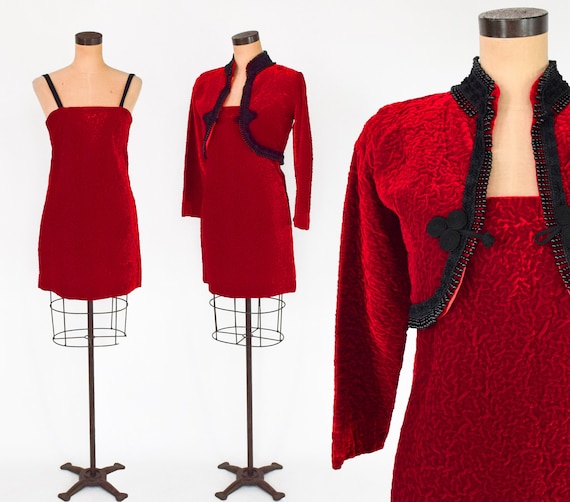 1960s Red Velvet Dress & Jacket | 60s Red Velvet … - image 2