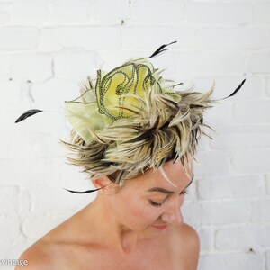 1990s Yellow Feather Fascinator 90s Yellow Feather Hat Avant Gard Hat Because We Can image 1