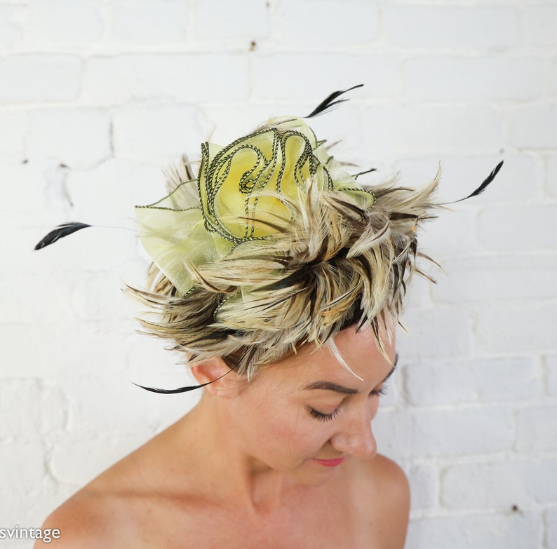 1990s Yellow Feather Fascinator 90s Yellow Feather Hat Avant Gard Hat Because We Can image 1