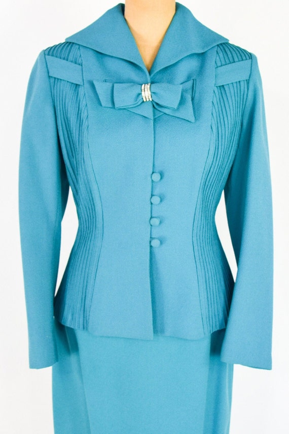 Lilli Ann | 1950s Blue Wool Crepe Suit | 50s Turq… - image 6