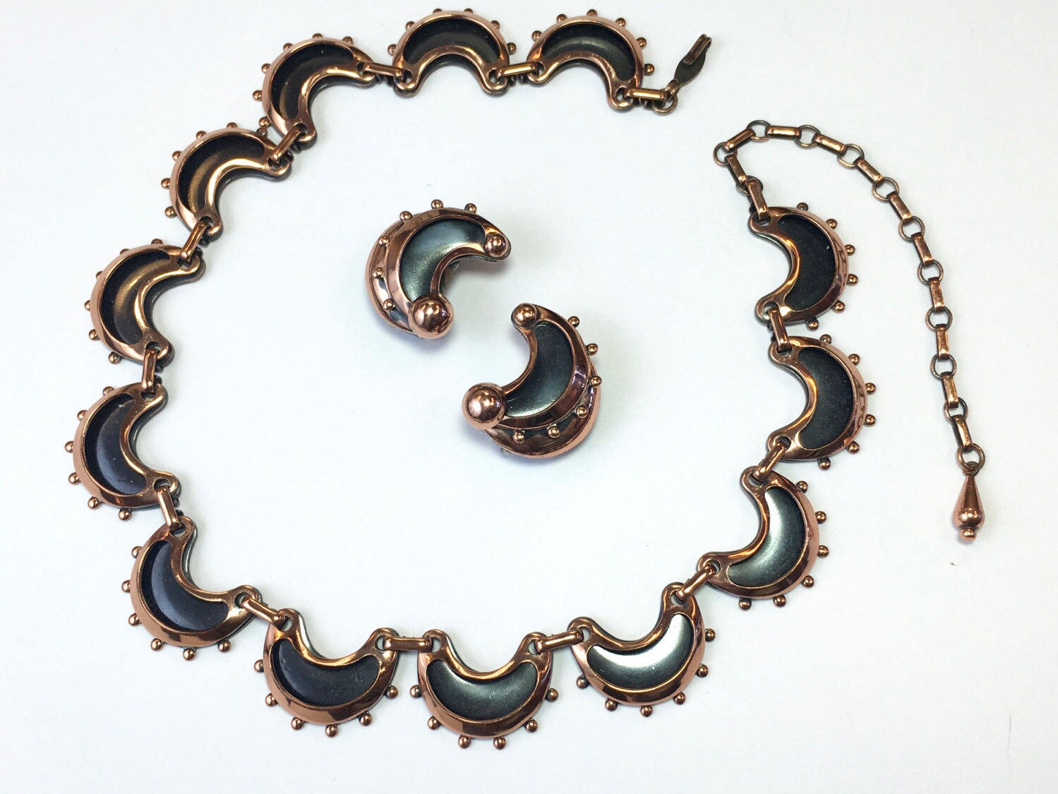 Renoir 1950s Copper Jewelry Set 50s Copper Black Enamel Necklace