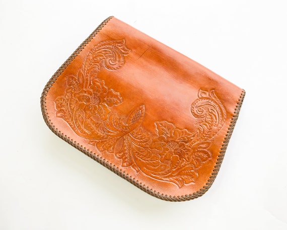 1950s Brown Tooled Leather Purse | 50s Rust Brown… - image 4