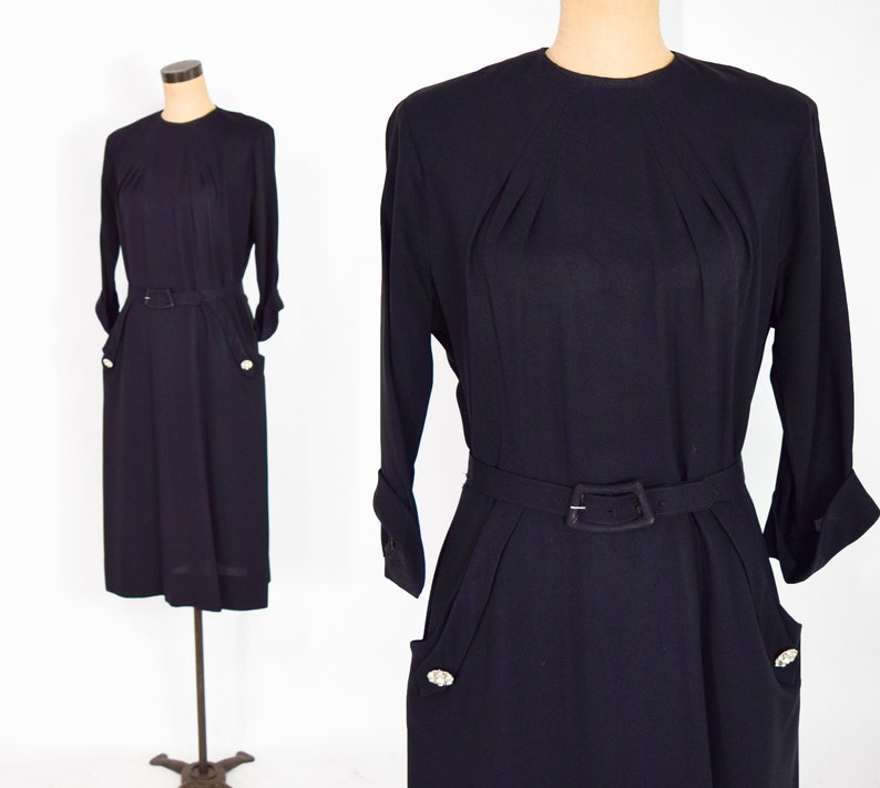 1940s Black Crepe Dress 40s Black Crepe Sheath Dress A Kay Carter Originals Medium image 2