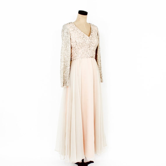1960s Beige Beaded Evening Dress | 60s Beige Chif… - image 3