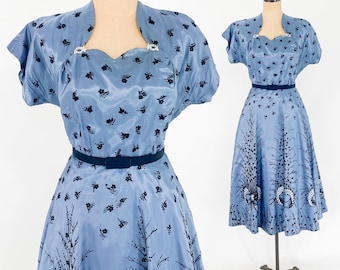 1940s Blue Taffeta Cocktail Dress | 40s Blue & Black Border Print Party Dress | Large