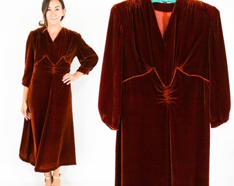 1930er Jahre Samtkleid kupferbraun | 30er Jahre Rost Seidensamt Kleid | Klein