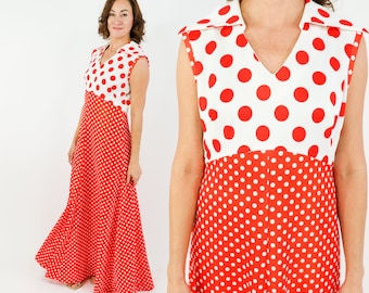 Abito lungo a pois anni '70 / Abito lungo vintage rosso senza maniche, taglia L