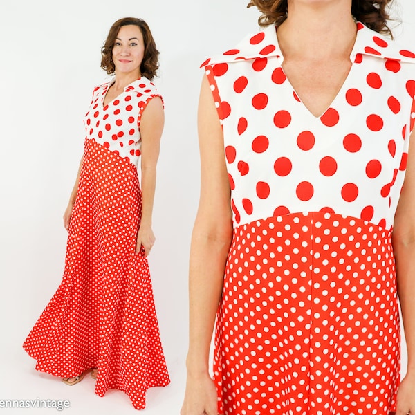 1970s Red Polka Dot Maxi Dress | 70s Red Polka Dot Sleeveless  Dress | Large