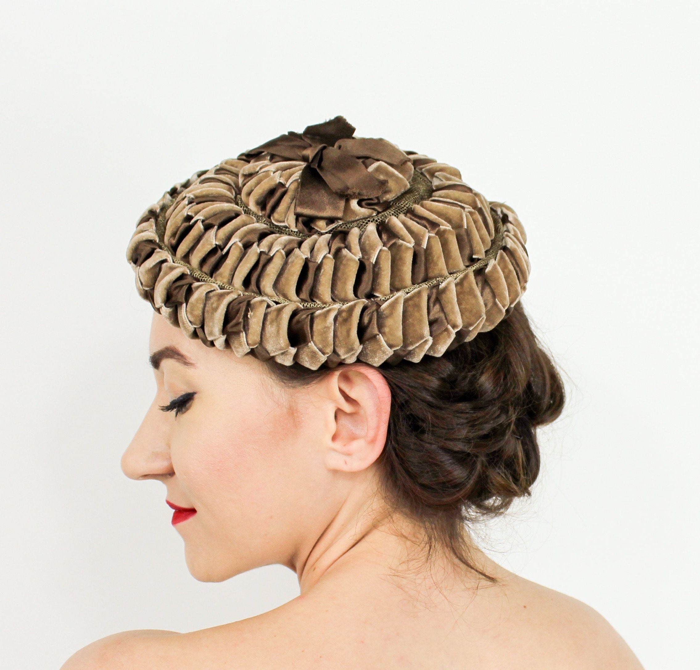 Vintage Brown Tulle Head Piece with Velvet Leaf Velvet Veil Lace Top Hat Brown Vintage Style - Masquerade Store main image 2