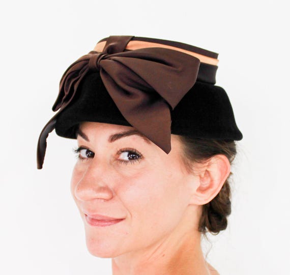 1950s Black Wool Felt Hat | Vintage Brown Satin Bow, Made in  display picture 2