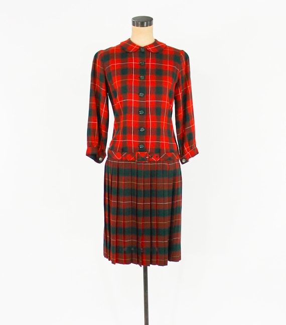 1960s Red Plaid Wool Dress | 60s Plaid Red & Gree… - image 2