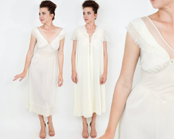 1950s Creme Peignoir Set | 50s Creme Nylon Lingeri