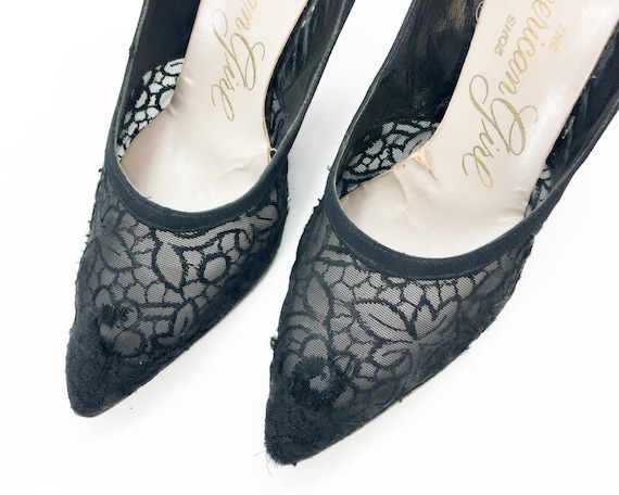 60s Black Lace Heels | Black Crepe & Lace Heels |… - image 1