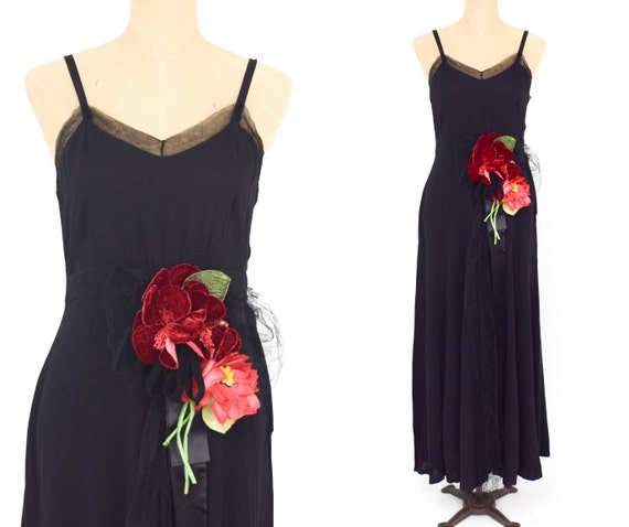 1930s Black Silk Evening Dress | 30s Black Silk C… - image 2