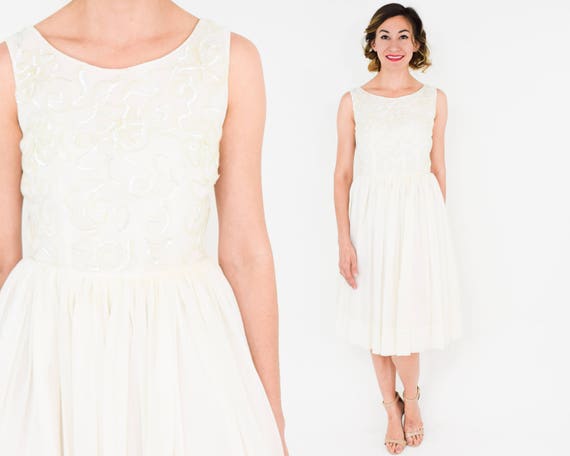1950s White Chiffon Party Dress | 50s White & Sequ