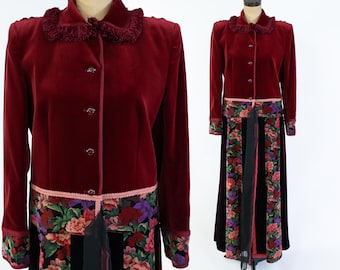 Vintage 1970er Jahre Samt Maxi Mantel | Bordeaux Gobelin Borte, Mittelgroß