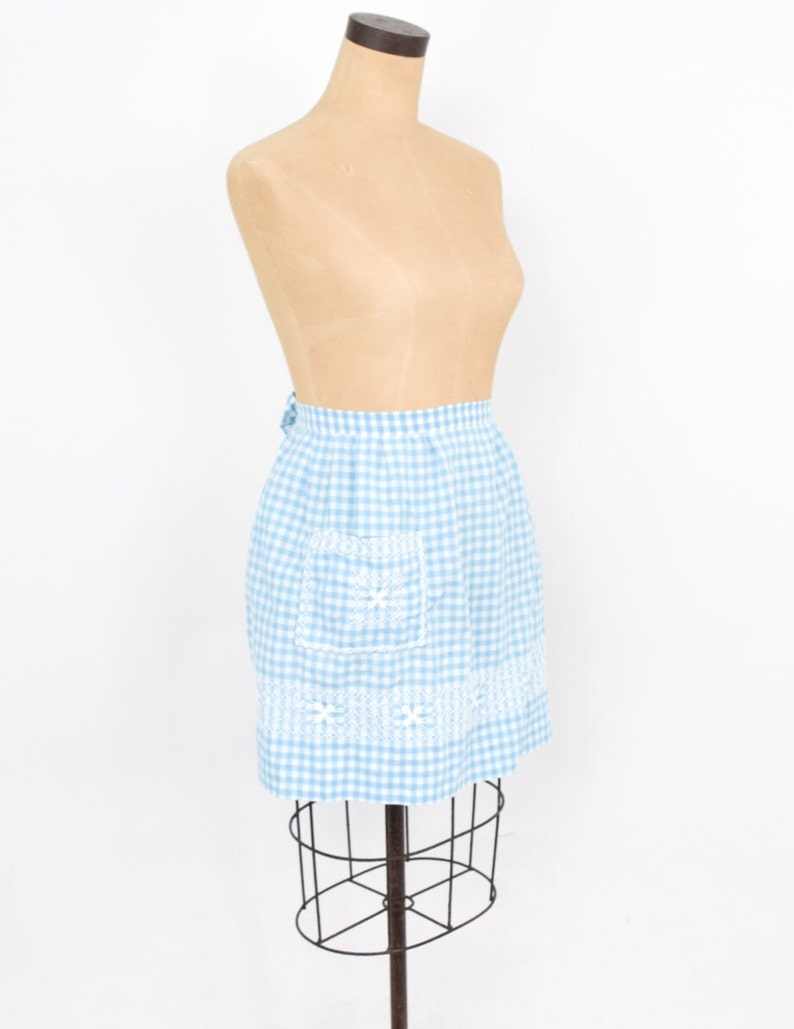 1950s Blue Cotton Apron 50s Blue Gingham Apron Cross Stitched Hostess Wedding Shower image 2