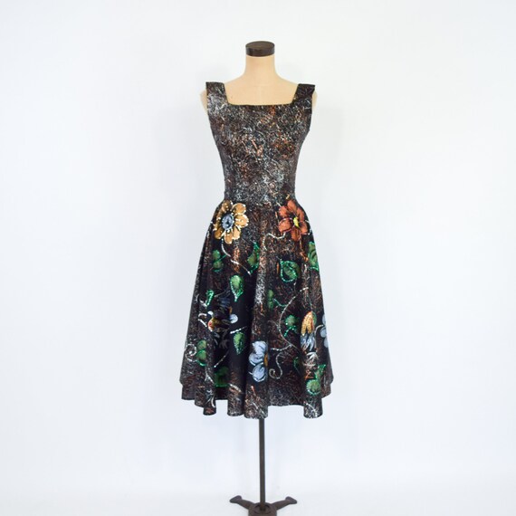 1950s Black Painted Sequin Party Dress | 50s Blac… - image 4