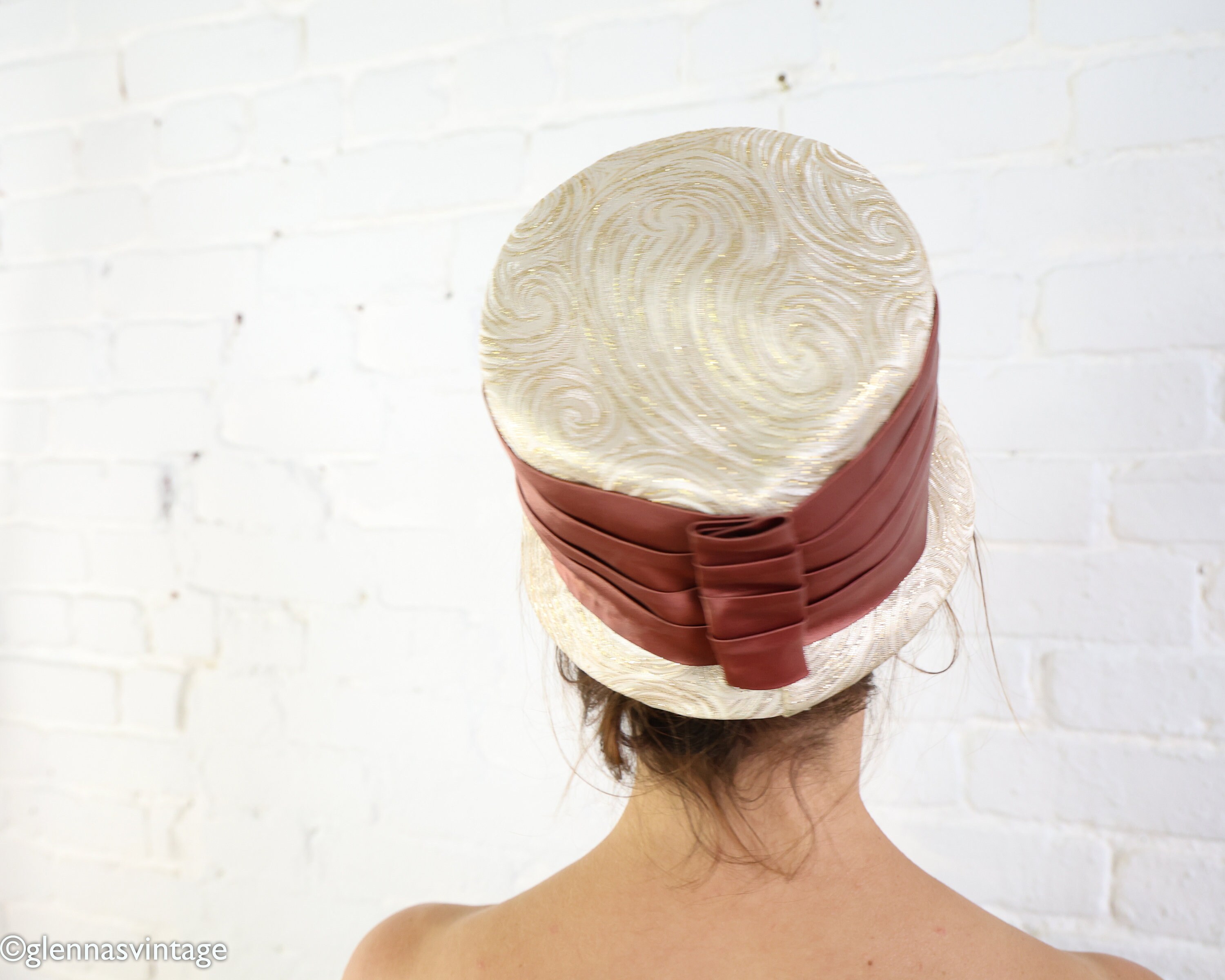 1960s Beige Brocade Bucket Hat | 60s Gold & White Tall Hat 