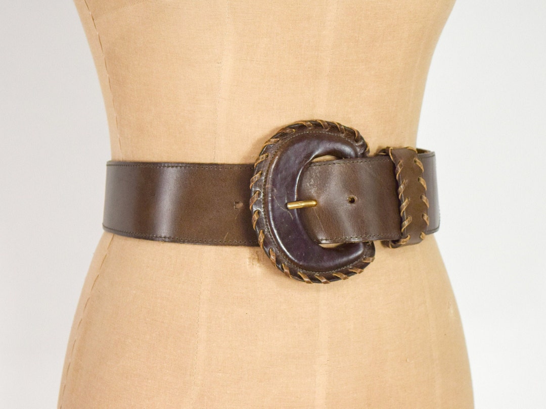 【cacharel】 BROWN LEATHER wide BELT Vintage Cacharel Brown Reptile Leather Tortoise Buckle Stud