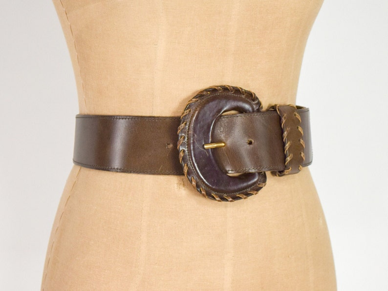 1980s Brown Wide Leather Belt 80s Brown Leather Wide Belt Medium image 1