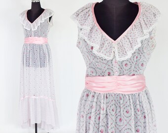 1970s White Flowered Maxi Dress | 70s White & Pink Sheer Cotton Floral Dress | Wedding Dress | BoHo | Hippie | Jody of California | Medium