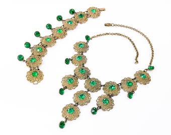 1940s Emerald Green Rhinestone Filigree Jewelry Set | Vintage Gold Filigree Necklace & Earring