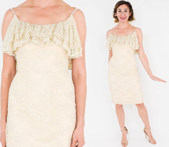 1950s Creme Floral Lace Ruffle Dress | 50s Beige … - image 2