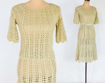 1970s Beige Crochet Skirt Set | 70s Beige Knit Top & Skirt Set | Small