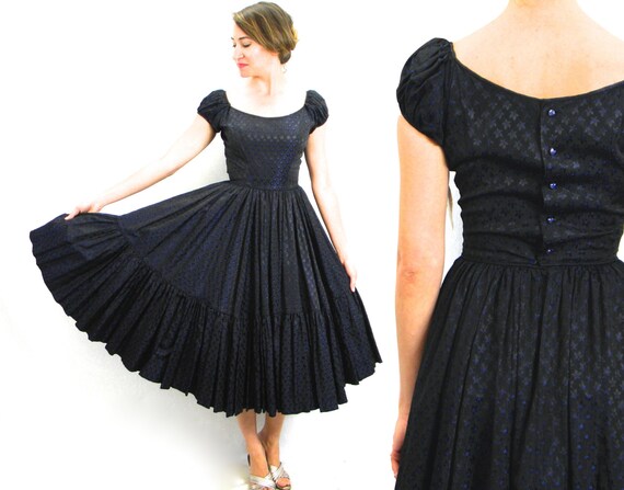 1950s Navy Taffeta Cocktail Dress | 50s Navy Taffe