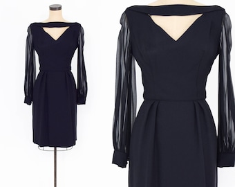 1960s Black Crepe Chiffon Dress | Vintage Cocktail Party Dress, Small