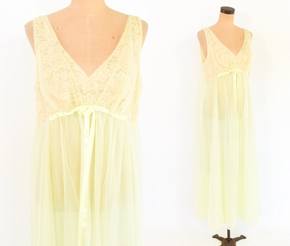 1960s Yellow Nightgown | 60s Lemon Yellow Lace & G