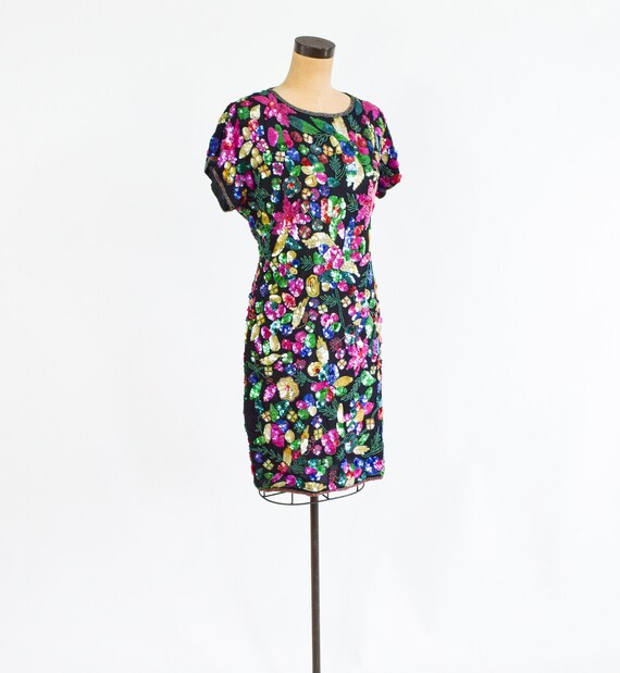 1980s Colorful Sequin Party Dress | 80s Sequin Be… - image 6