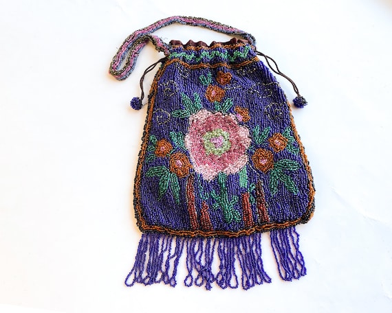 1900s Blue Floral Beaded Evening Bag | Blue & Pin… - image 1