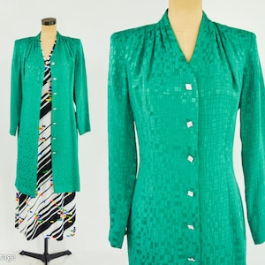 1980s Emerald Green Silk Dress 80s Green 100% Silk Dress Green Coat Dress Medium image 1