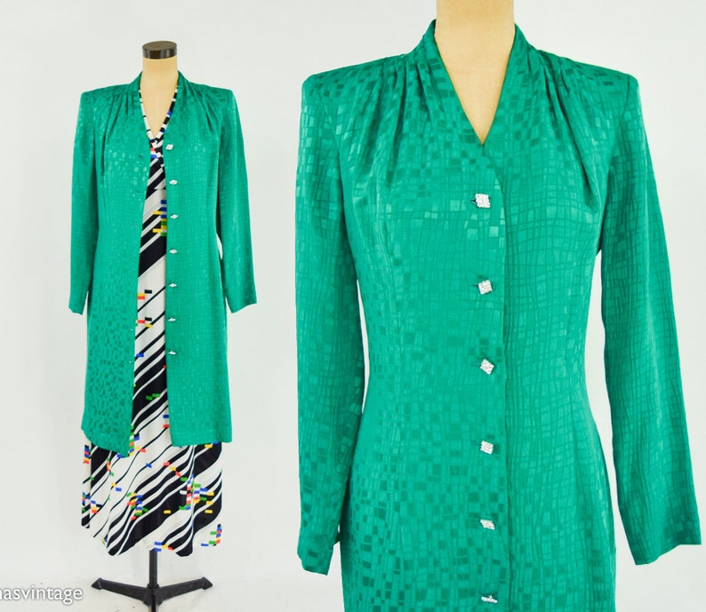 1980s Emerald Green Silk Dress 80s Green 100% Silk Dress Green Coat Dress Medium image 1