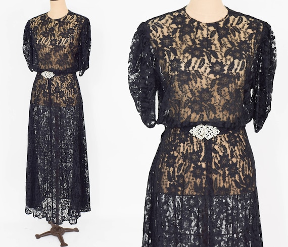 1930s Black Lace Evening Gown | 30s Black Floral L