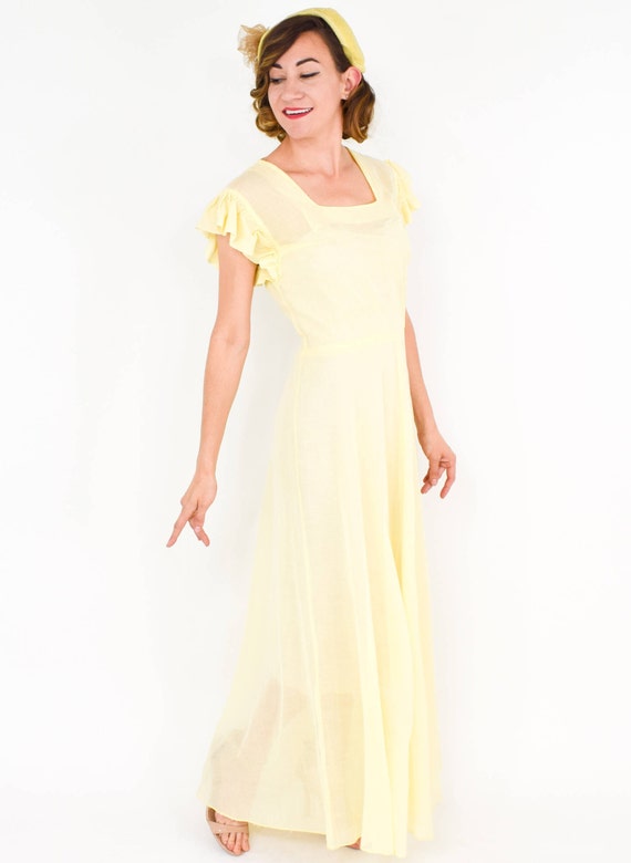 1940s Yellow Cotton Party Dress | 40s Yellow Shee… - image 5