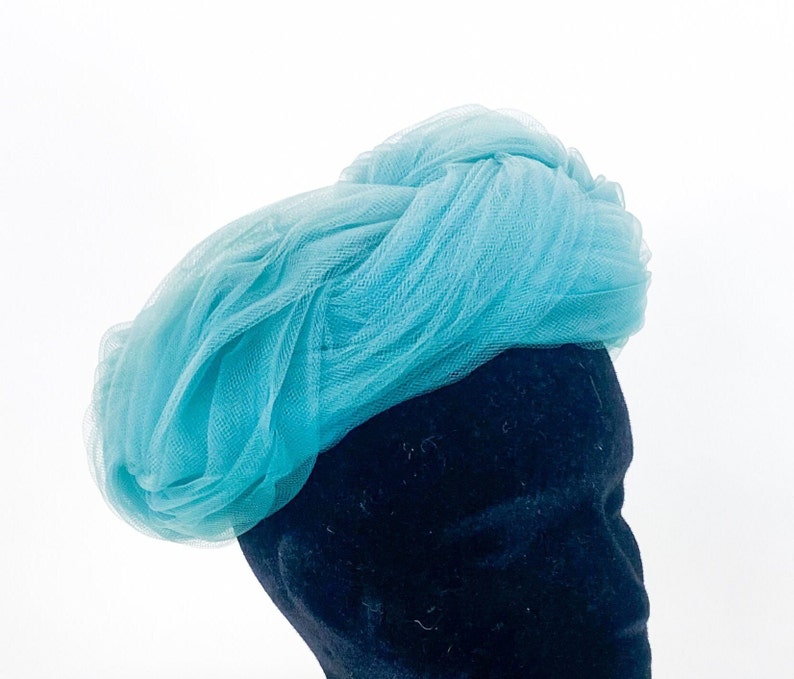 1960s Blue Tulle Hat Turquoise Blue Tulle Netting Hat Lonette image 4